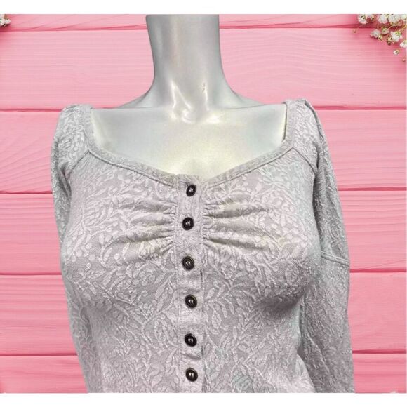 Free People Womens Top Size XS Ivory Textured Cropped Leaf Print‎ - Picture 2 of 8